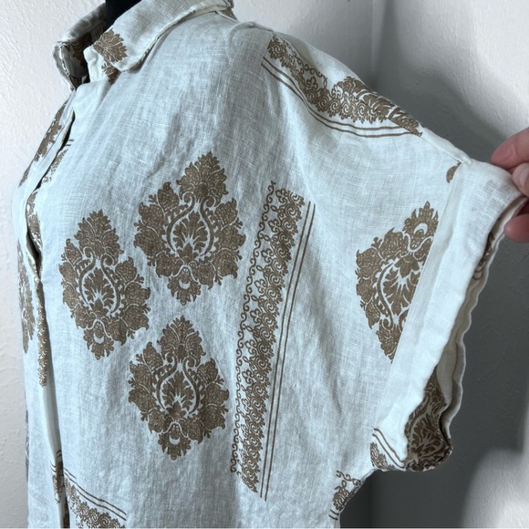 Milio Milano Linen Damask Print Top Women’s Size: Medium  Color: White/Tan - Picture 4 of 8